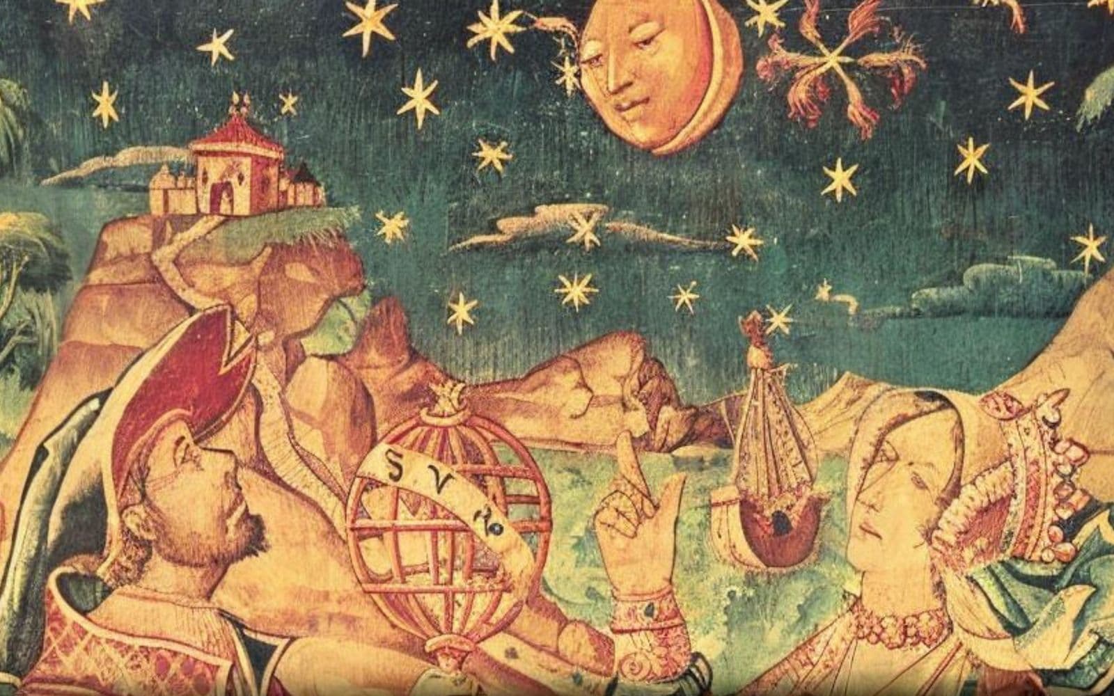 Desert Day — a night sky of stars, a moon, and an astrolabe, woven in tapestry
